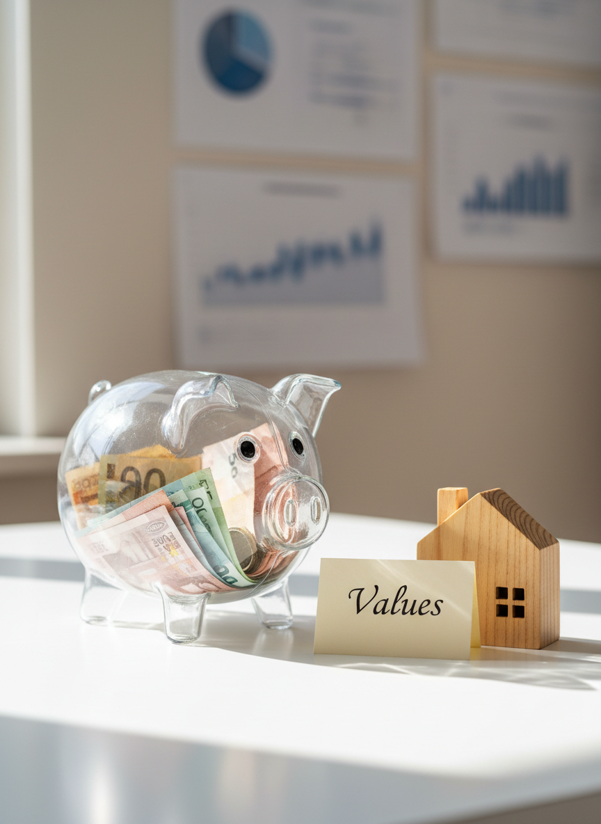 A close-up of a transparent glass piggy bank, half-filled with mixed currencies, placed on a clean white desk. Beside it rests a small, neatly folded piece of paper labeled “Values” in elegant serif lettering, and a miniature wooden house model with a warm natural grain. In the background, softly blurred charts and graphs in muted blues and grays are pinned to a light-colored wall, hinting at broader economic analysis. Gentle, diffused daylight from the left creates soft reflections on the glass surface and delicate shadows beneath the objects. Photographic realism with a minimalist, professional aesthetic, captured from a slightly elevated angle with shallow depth of field to focus attention on the relationship between money, family, and values.